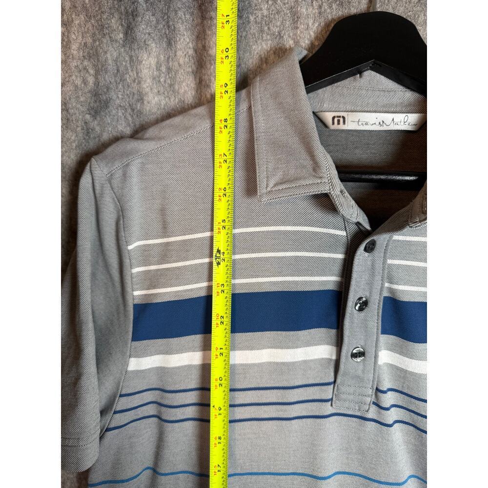Travis Mathew Polo Shirt Mens Medium Gray Blue Striped Golf Stretch Preppy - Picture 9 of 9